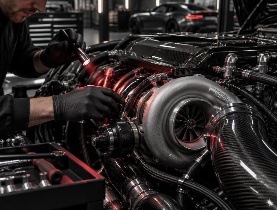 Especialista inspecionando motor preparado